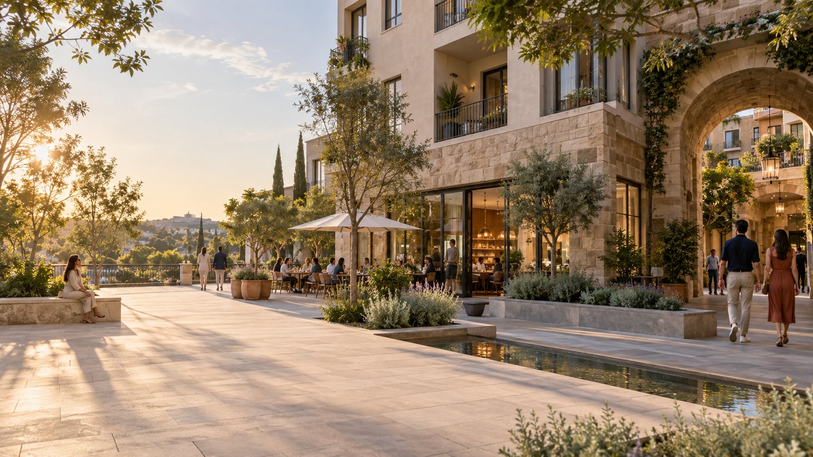 Conceptual photograph of an active mixed-use courtyard